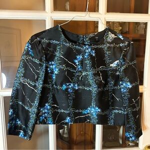 Tibi Black Floral Satin Crop Top with Blue and Green Blooms